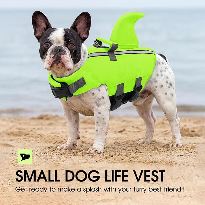 SUNFURA Dog Life Jacket Shark Life Vest for Dogs, Adjustable Swmming Vest with High Buoyancy, Safety Lifesaver with Rescue Handle for French Bulldog Small Medium Breeds, Green M