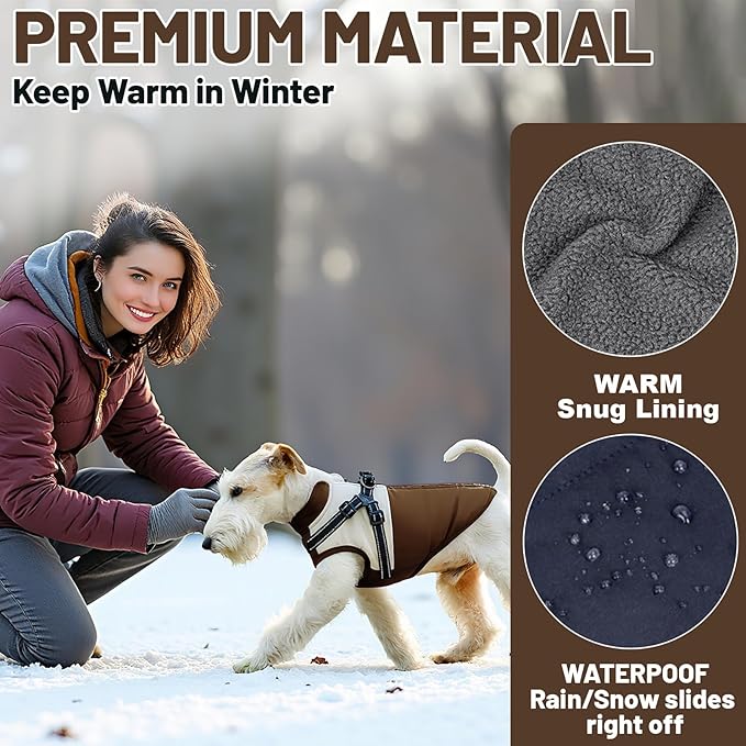 Dog Winter Coat for Small & Medium Dogs, Waterproof Dog Coat with Harness, Puppies Windproof Puppy Puffer Jacket, Snowsuit for Dachshund, Frenchie, Corgi (Classic Brown,2XL)