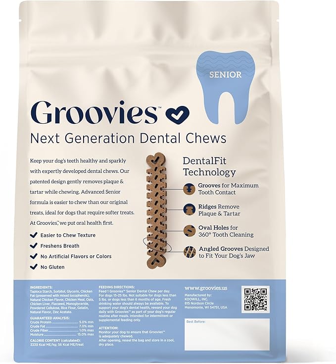 Groovies Gentle & Flexible Senior Dog Dental Chews, Contact-Cleaning Design Supporting Tartar Control & Fresh Breath, Oral Care Treats, USA Manufactured, Patented DentalFit Tech, Medium Dogs, 20 Chews