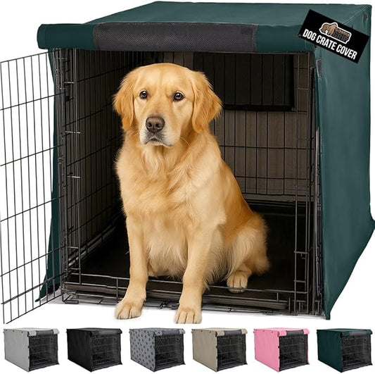 GORILLA GRIP Dog Crate Covers Compatible with Amazon Basics Dog Crates, All Sides Open, Privacy Cover Fits 42" Wire Kennel, Breathable Mesh Windows, Light Reducing Training Cage Topper, Hunter Green