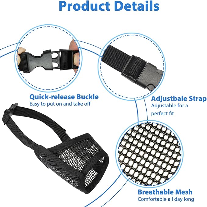 LUCKYPAW Dog Muzzle Suits for Small Medium Large Dogs, Mesh Muzzle Anti Biting Chewing, Breathable Mouth Cover Set with Adjustable Strap for Grooming Vet Visiting Training, 7 PCS(XXS-XXL), Black