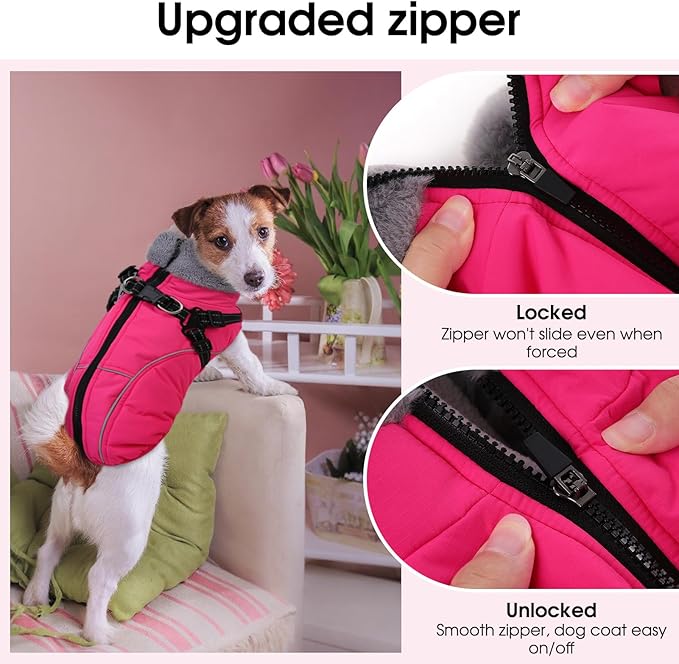 Dog Coats for Small Dogs, Dog Jacket with Harness Built in, Reflective Pet Fleece Vest with Turtleneck, Rose S