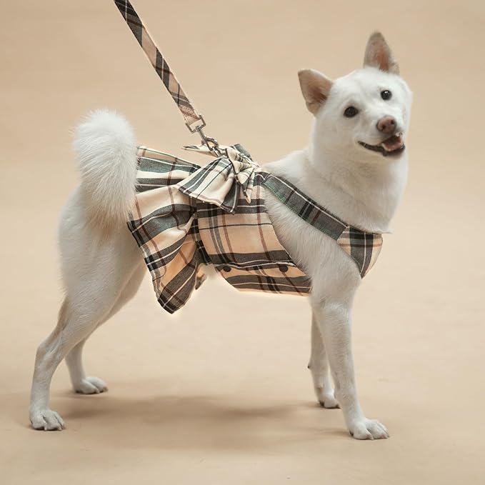 PUPTECK Plaid Dog Dress with Leash - Cute Puppy Harness Clothes for Small Medium Sized Dogs, Outfits for Girl Puppy Wedding Birthday Costume