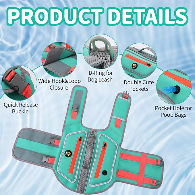 Dog Life Jacket for Small Dogs with High Buoyancy, Lightweight Dog LifeVest for Swimming Adjustable Reflective Dogs Floating Vest, Neoprene Rescue Handle Pet Life Preserver, Turquoise, XS
