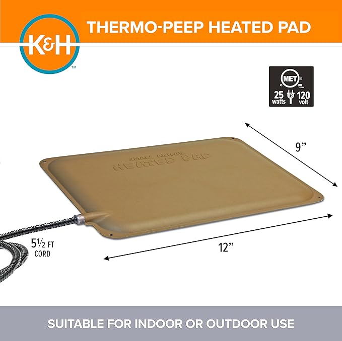 K&H Pet Products Thermo-Peep Chicken Heating Pad for Brooders and Chicken Coops, Warming Heat Plate for Chicks and Ducklings, Safety Listed Poultry Heat Lamp Alternative - Petite 12 X 9in, Tan 25W