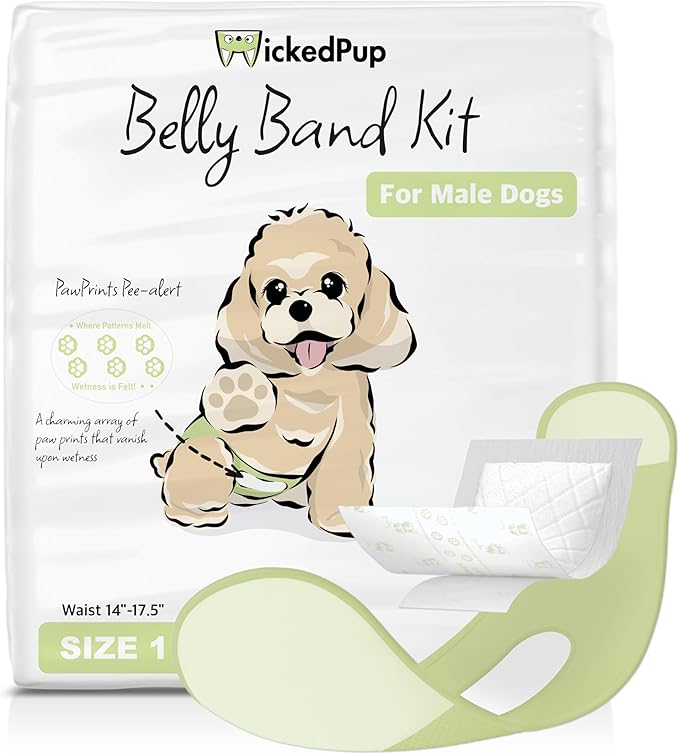 WICKEDPUP Male Dog Belly Band Kit, 50 Diaper Pads & 1 Reusable Male Wrap (Size 1 (14"-17.5" Waist))