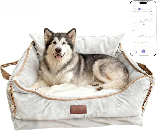 Smart Pet Bed with Health Monitoring System, Gray Orthopedic Dog Sofa, Digital Display, Heart Rate Detection, Sleep Tracking, Cloud Connected (Gray, Large)