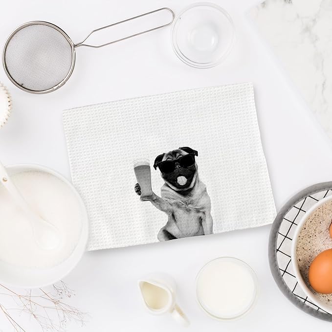 Gifts for Pug Dog Wine Lovers Kitchen Towels Set of 2, Pug Gifts Wine Decorative Hand Dish Towel for Kitchen Home Bar, Funny PugDog Beer Lover Home Bar Cart Decor(16x24 Inch)