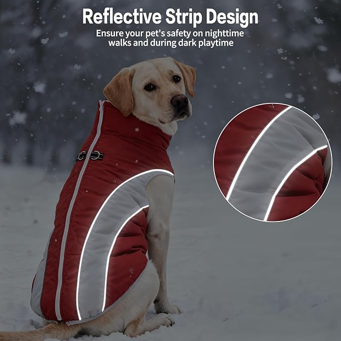 Dog Coats for Large Dogs with Harness Built in, Waterproof Dog Jacket Warm Pet Winter Coat Snowsuit for Cold Weather, Reflective Fleece Windproof Jacket, Red, U-LDMF01XL