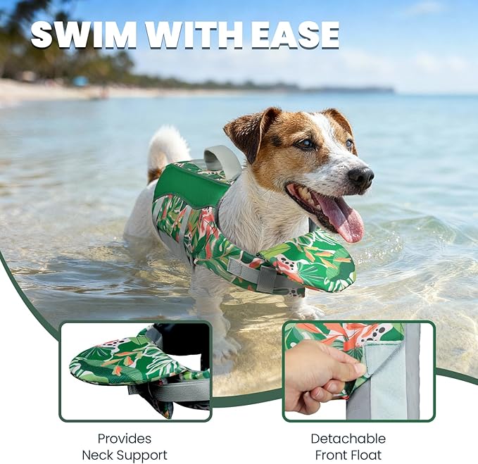 VIVAGLORY Front Float Dog Life Vest, Dog Life Jacket for Swimming & Boating, Swimming Vest with Chin Float & Handle, Ripstop & Buoyancy for Puppy Doggy, XXS, Floral