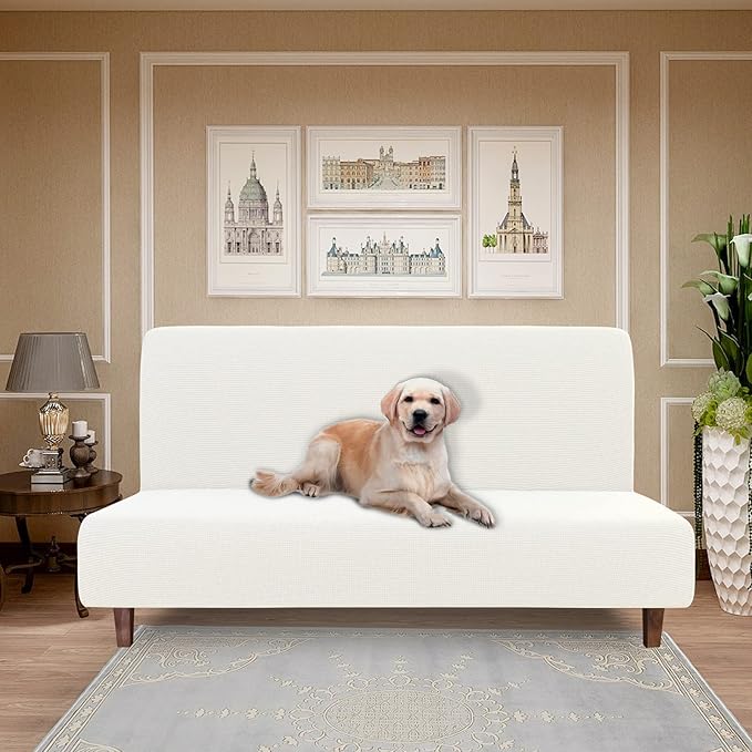 Easy-Going 100% Waterproof Futon Cover, Dual Waterproof Couch Cover for Futon, Stretch Jacquard Sofa Cover, Leakproof Furniture Protector for Kids, Pets, Dog and Cat (Medium, Cream)