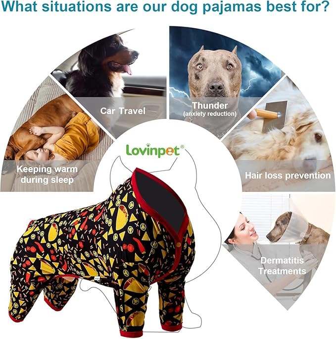 LovinPet Giant Dogs Pajamas Onesies, Big Dog Onesie Post Surgery Wear, PJS for Pitbulls, Lightweight Pitbull Dog Pullover Pajamas, Full Coverage Dog Pjs, Black Taco Print, Pitbull Clothes, XL