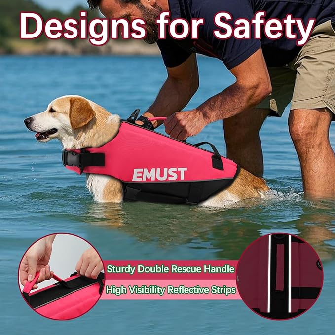 EMUST Dog Life Preserver, Good Visibility Dog Flotation Vest for Swimming Beach Boating Kayaking, Pet Water Vest for Medium Dogs, Rosepink, M
