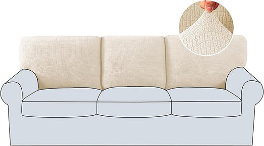 H.VERSAILTEX Jacquard Couch Cushion Covers High Stretch Sofa Covers for 3 Cushion Couch Furniture Protector Spandex Anti-Slip Soft Thickened Slipcovers Crizzle Pattern(3 Back Covers, Ivory)