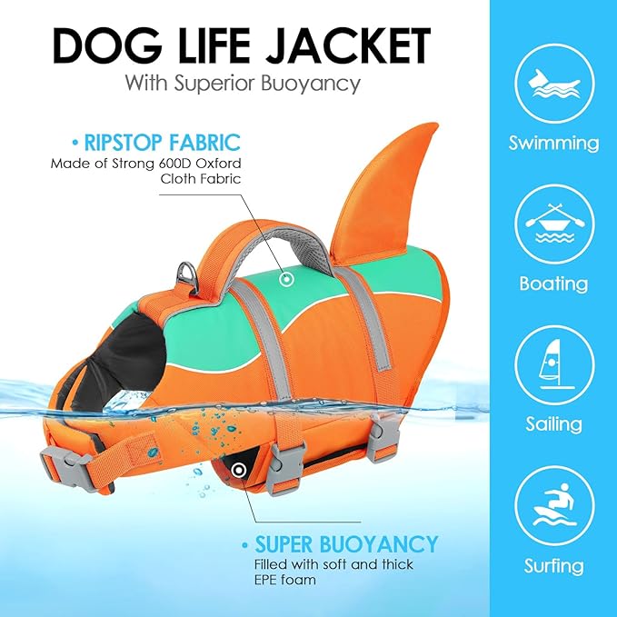 AOFITEE Dog Life Jacket Large, Shark Dog Life Vest for Swimming Boating, High Flotation Reflective Dogs Swimming Vest Lifesaver with Rescue Handle, Pet Swimsuit for Small Medium Large Dogs, L