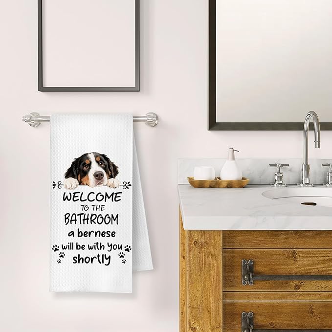 Funny Bernese Mountain Dog Bathroom Hand Towels, Bernese Mountain Dog Gifts, Welcome to The Bathroom Decorative Hand Towels for Bath Room Toilet Washroom Restroom, 16x24 Inch