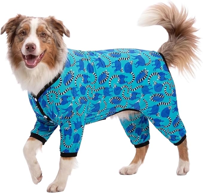 LovinPet Pitbull Pjs for Dogs Fall, Pet Anxiety Relief, Uv Protection Dog Clothes, Comfy Stretchy, Lightweight Fabric, Lemur Print, Large Dog Pjs, Pitbull Clothes,3XL