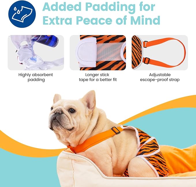Avont 3 Pack Frenchie Dog Diapers Female, Washable Reusable Girl Doggie Pants for Period Heat Cycle, Full Body Cover Onesie with Adjustable Straps -Tiger/Cow/Leopard XL