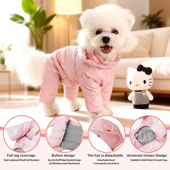 White Duck Down Dog Coat - 4-Leg Coverage, Waterproof Windproof Warm Winter Snowsuit, Cotton Anti-Static Lining, Built-in Harness Hole for Small/Medium Dogs,Size 18(XXXL) Pink