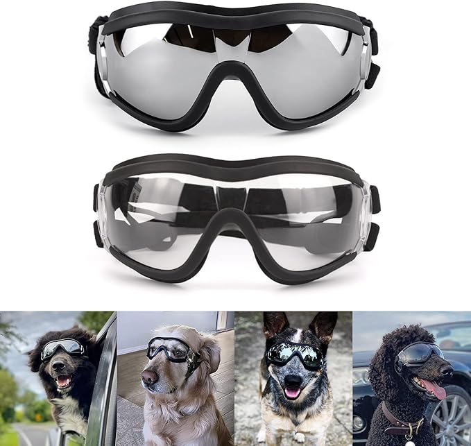 Dog Goggles for Large Breed, 2PCS UV Protection Dog Sunglasses with Adjustable Straps, Windproof Pet Eyewear for Medium to Large Pets, Black & Clear L