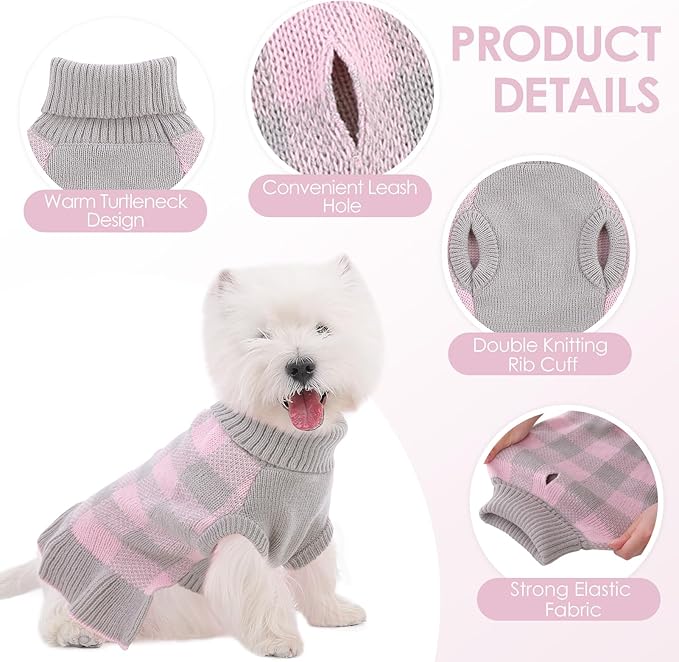 Dog Sweater Dress Plaid Knitwear for Small Medium Dogs Warm Puppy Pet Turtleneck Stretch Pullover Cute Fall Winter Vest Clothes with Leash Hole for Christmas (Grey, S)