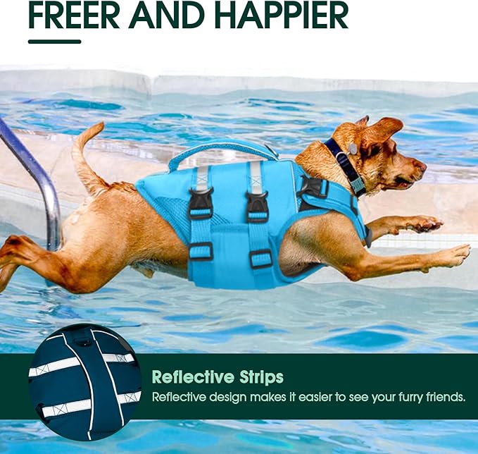 Kuoser Dog Life Jacket, High Flotation Dog Life Vest for Swimming Boating, Adjustable Ripstop Pet Lifesaver for Small Medium and Large Dogs, Reflective Safety Puppy Swimming Vest with Rescue Handle