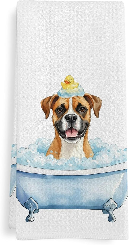 Funny Boxer Dog Bathroom Hand Towel, Boxer Dogs Duck Gifts Hand Towel for Bathroom Kitchen Washroom Decor, Funny Dog in Bathtub Dish Tea Towels, 16x24 Inch