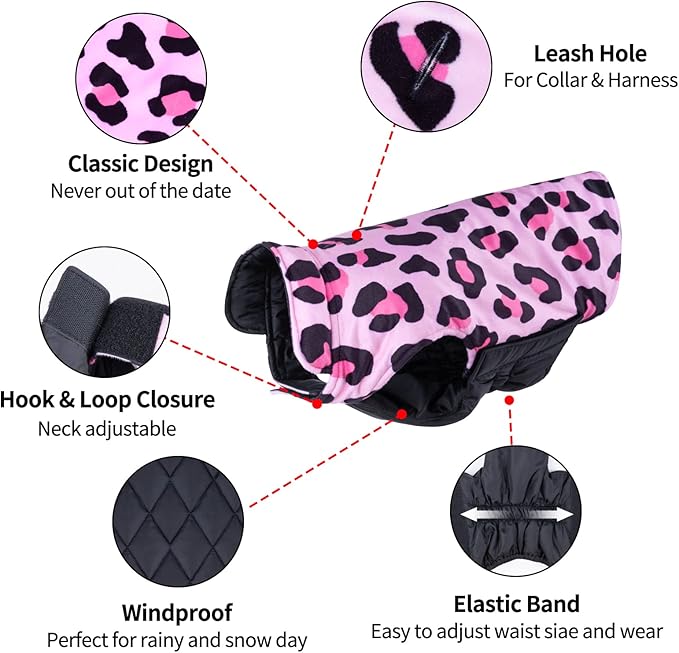 CuteBone Winter Dog Coat - Waterproof Windproof Reversible Vest, Thick Adjustable Cold Weather Jacket for Small Medium Large Dogs, Soft with Leash Hole