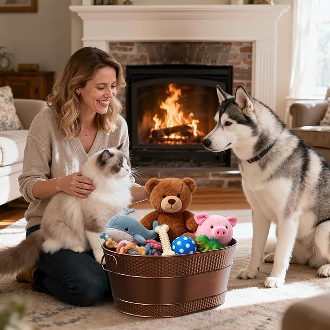 Indestructible Metal Dog Toy Bin: Copper Pet Toy Storage Basket for Living Room Area, Sturdy Chew Proof Puppy Toy Box with Handle, Large Capacity 25-Quart (1 Pack, Copper, Oval)