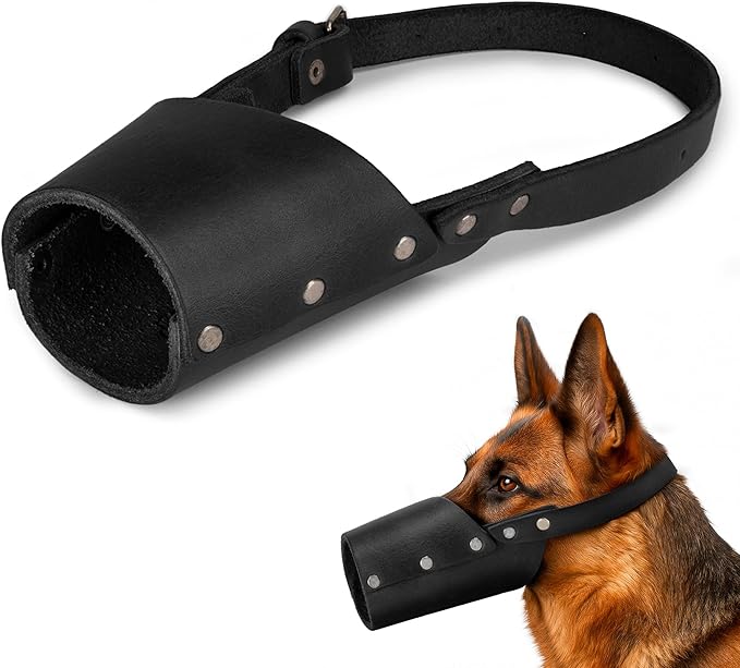 Taco Dog, Leather Dog Muzzle Guard Handmade from Full Grain Leather - Secure Training Cover, Mouth Guard Mask Prevents Biting Chewing (Charcoal Black, Large)