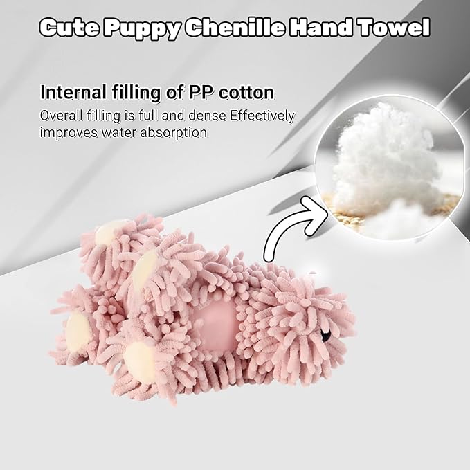Cute Puppy Chenille Hand Towel, Puppy Shape Fuzzy Ball Hand Towel, Fluffy Soft Absorbent Chenille Towels, Absorbent Decorative Fuzzy Ball Hanging Towel for Bathroom, Washstand (Khaki)