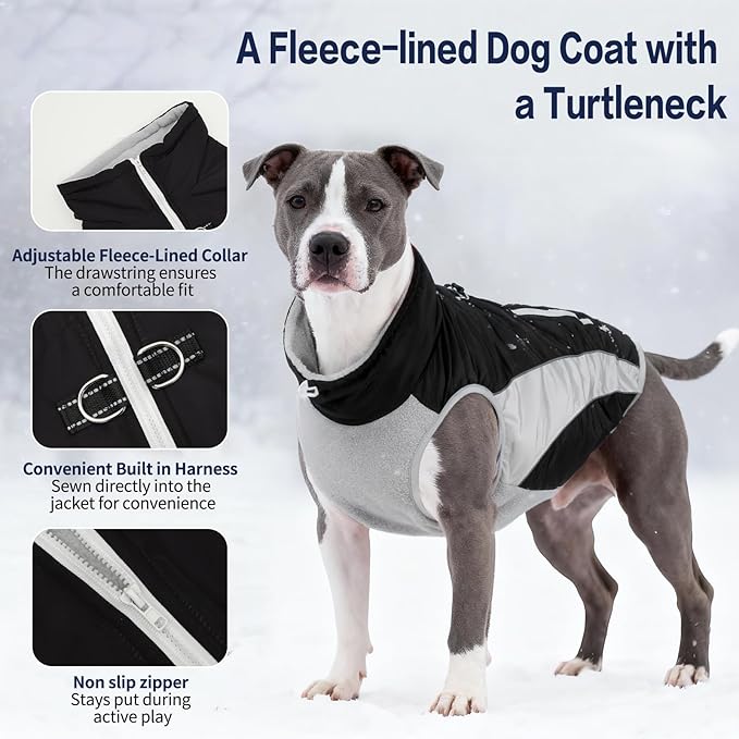 Dog Coats for Medium Dogs with Harness Built in, Waterproof Dog Jacket Warm Pet Winter Coat Snowsuit for Cold Weather, Reflective Fleece Windproof Jacket, Black, U-LDMF03L