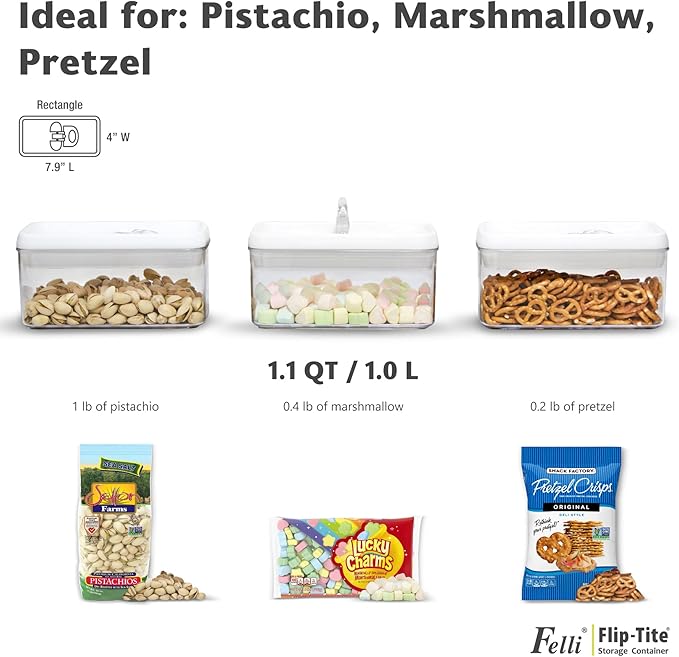 Felli Flip Tite Airtight Storange Container for Pantry Kitchen (White, 4", Rectangular 1.1qt 3pk)