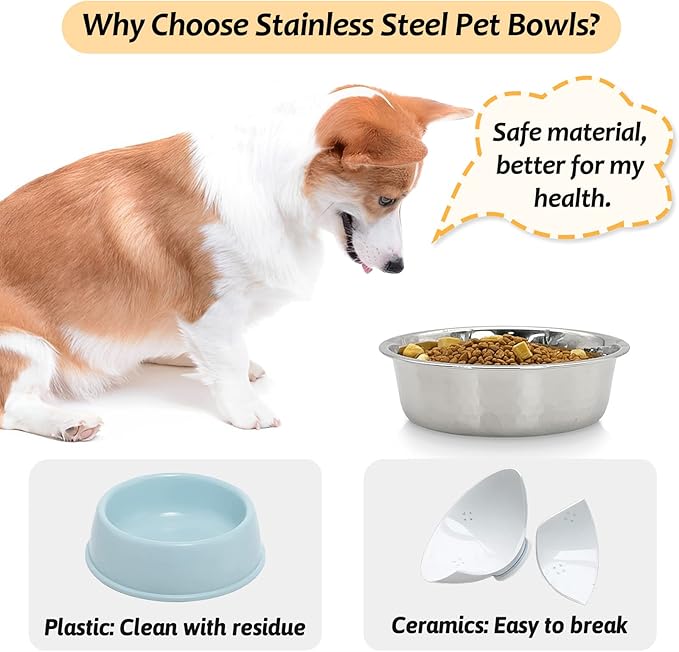 Fhiny 3 Pack Hammered Stainless Steel Dog Bowls, 4 Cups/32 Oz Premium Metal Puppy Feeder Bowl Set for Raised Feeding Station Basic Kitten Food & Water Dishes for Small & Medium Pets Dishwasher Safe