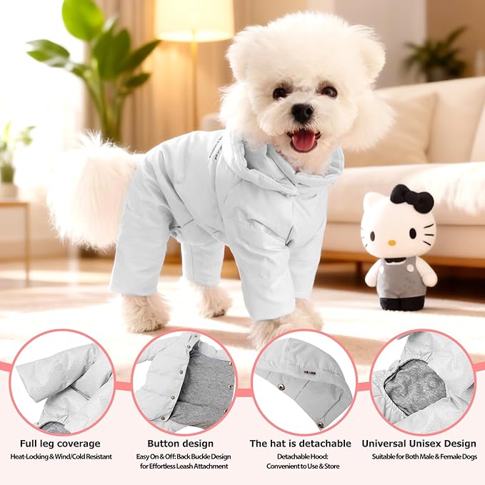 White Duck Down Dog Coat - 4-Leg Coverage, Waterproof Windproof Warm Winter Snowsuit, Cotton Anti-Static Lining, Built-in Harness Hole for Small/Medium Dogs,Size 15(XL) Silver
