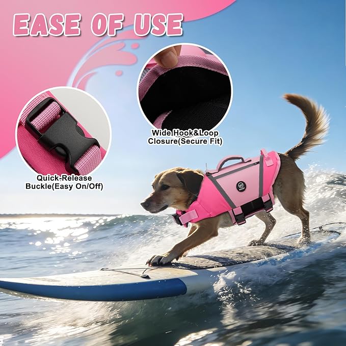 EMUST Dog Life Vests for Swimming, Adjustable Dog Life Jackets for Small Dogs with Hook & Loop, Reflective Dog Swim Vest with Quick-Release Buckles for Bulldogs, Dachshunds, Corgis, Pink, S
