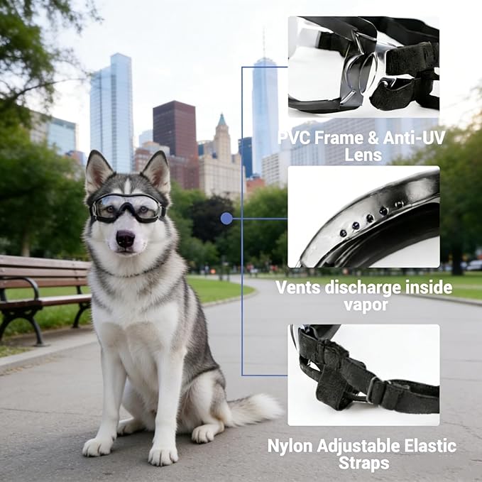 NAMSAN 2 Pair of Dog Goggles, Clear/Black, UV Protection Dog Sunglasses for Medium to Large Dogs, Windproof Driving Dog Eye Protection, Dog Glasses with Elastic Straps, Adjustable
