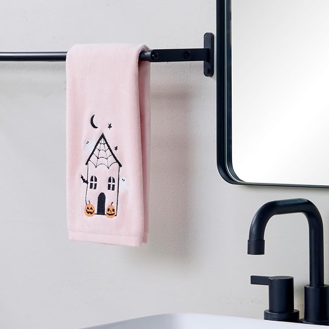 SKL Home Halloween Hang in There Bat 100% Cotton Embroidered 2pc Hand Towel Set, Decorative for Bath/Kitchen/Bar & Gift, Pink