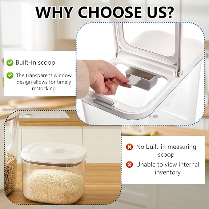 20-25 lbs Rice Dispenser with Measuring Spoon 11.4Qt/12L Tall and Narrow Food Storage Flour Bin Large Airtight Food Storage Rice Container for Kitchen Pantry Organization Slim Space-Saving