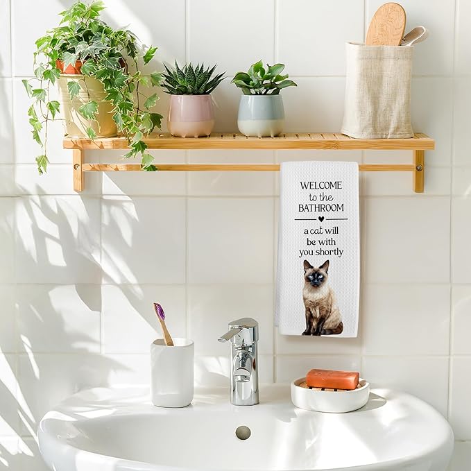 Funny Siamese Cat Hand Towels, Siamese Cats Gifts for Cats Lovers Women Hand Towel, A Cat Will Be with You Shortly Decorative Towel for Bathroom Toilet, Cute Kitty Bathroom Decor, 16x24in