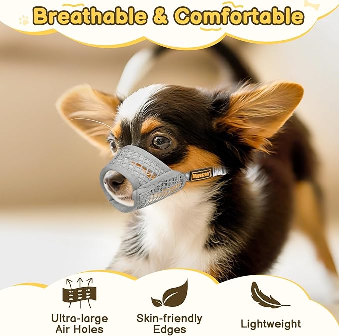 Mayerzon Dog Muzzle for Biting, Patented Soft Breathable Mesh Muzzle for Small Medium Dogs Chihuahua Dachshund Poodle, Adjustable Mouth Cover for Grooming, Chewing, Vet Visits (Dark Grey, S)