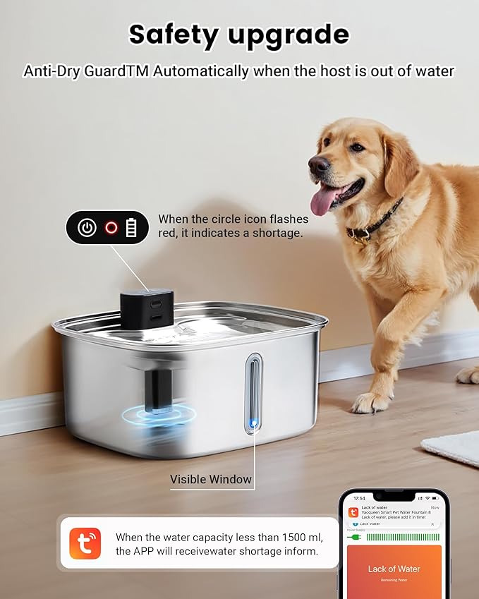 Dog Water Bowl Dispenser Large, 10L/ 338Oz Smart Dog Water Fountain Stainless Steel with APP Monitoring, Automatic Cat Water Fountain for Mutil-Pets Large Dogs 2.64Gal, 3 Fountain Modes 2.4G Wi-Fi