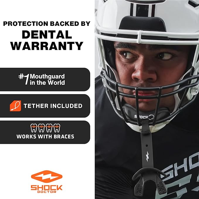 Shock Doctor Bolt Lipguard, Adult Mouth Guard Football with Strap. Mouthguard One Size Fits All