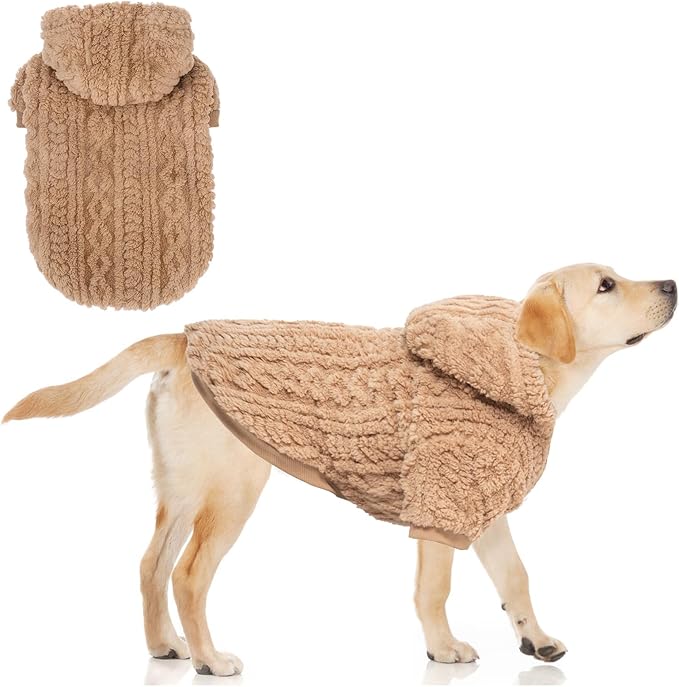 KOOLTAIL Fuzzy Dog Sweater Hoodie for Small Medium Large Dogs, Soft Fleece Pet Clothes Sweatshirt with Leash Hole, Warm Winter Dog Sherpa Jacket Snuggie Cold Weather Coat for Puppy Cats Girl, Beige L