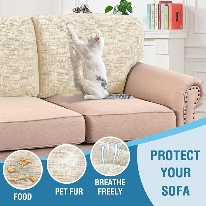 H.VERSAILTEX Jacquard Couch Cushion Covers High Stretch Sofa Covers for 3 Cushion Couch Furniture Protector Spandex Anti-Slip Soft Thickened Slipcovers Crizzle Pattern(3 Back Covers, Ivory)
