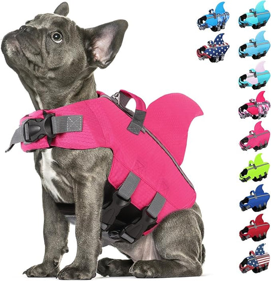 SUNFURA Dog Life Jacket Shark Life Vest for Dogs, Adjustable Swmming Vest with High Buoyancy, Safety Lifesaver with Rescue Handle for French Bulldog Small Medium Breeds, Hot Pink M