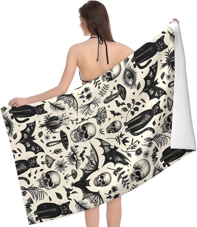Gothic Retro Beach Towel,32x52in Microfiber Quick Dry Black Cat Skull Bat Mushroom Vintage Goth Bath Towels,Soft Lightweight Oversized Sand Free,for Travel Pool Swimming Decor