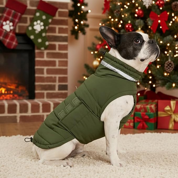 Mklhgty Waterproof Dog Coat for Medium and Large Dogs, Warm Dog Winter Jacket, Reflective Windproof Turtleneck Coats with Adjustable Hook & Loop - Green - L