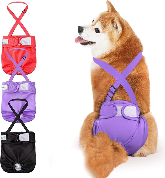 Idepet Female Dog Diapers with Suspender 3 Pack Washable Reusable Doggie Diapers for Small Medium Female Dog in Heat Period Cycle Urinary Incontinence Training, Black+Red+Purple L