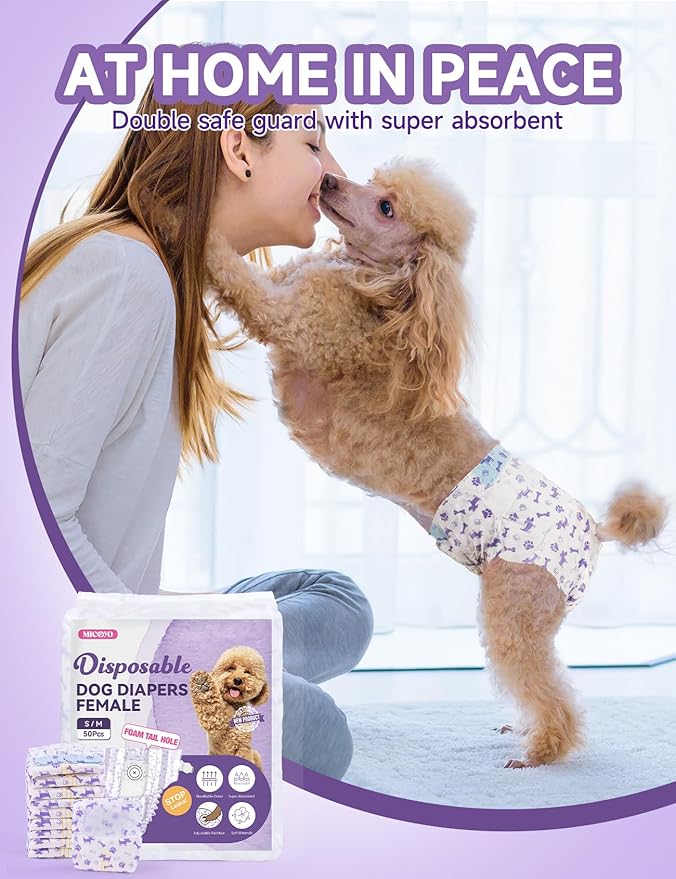 MICOOYO Disposable Dog Diapers Female, Doggie Diapers for Dogs Female, Super Absorbent Pet Diaper with Foam Tail Hole for Heat, Comfortable Puppy Diaper (Medium, 40Count)